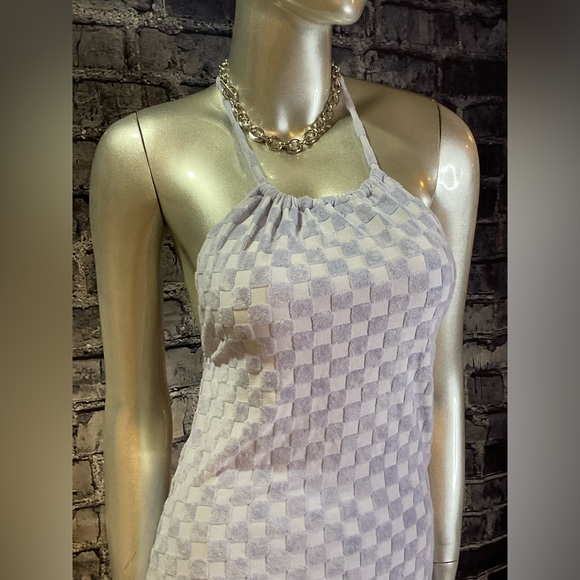 Baby Blue Checkered Print Halter Mini Dress - Picture 6 of 9